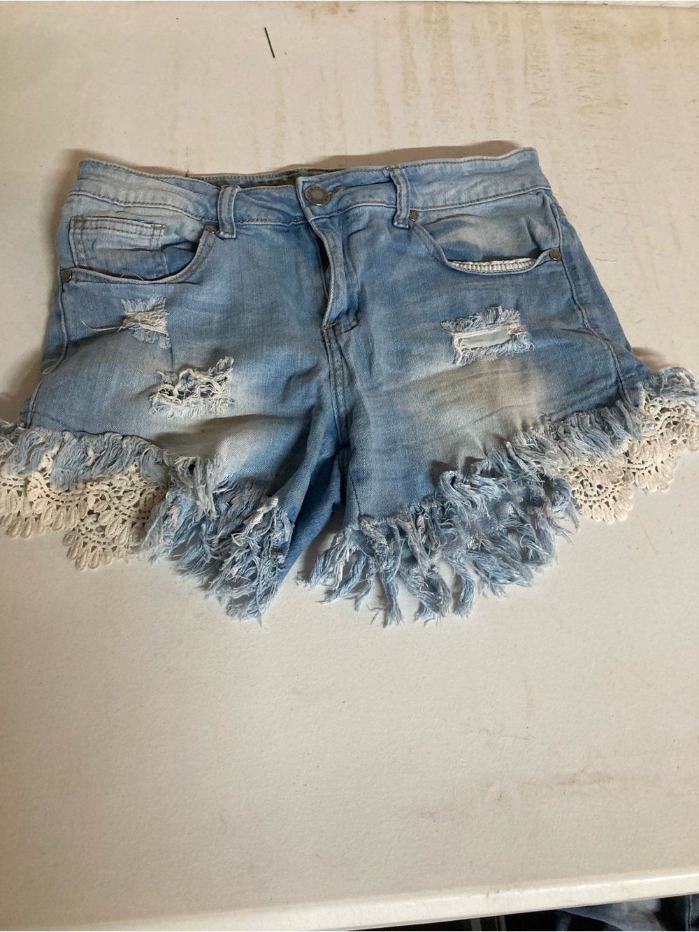VIP Light Blue Distressed Denim Shorts with Lace Trim